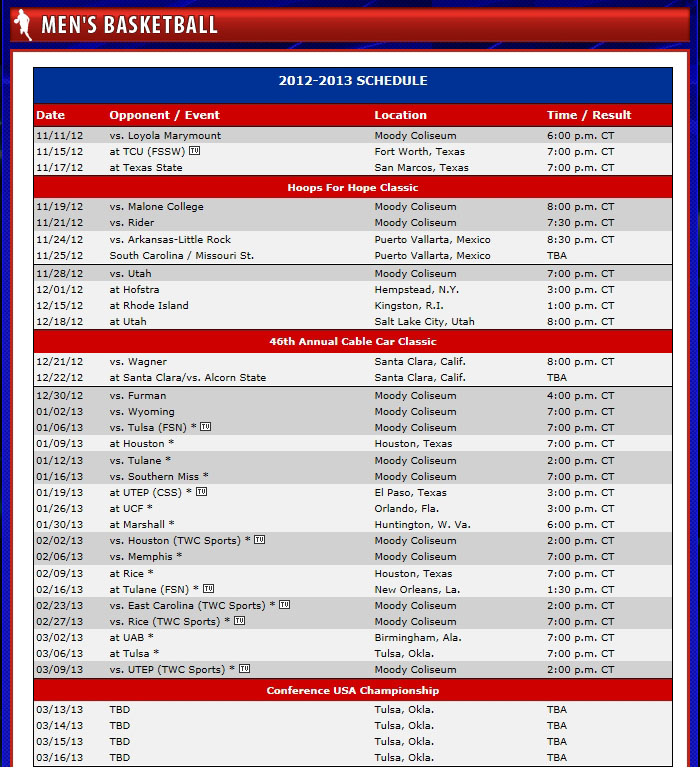 SMU Men's 2012-13 Basketball Schedule