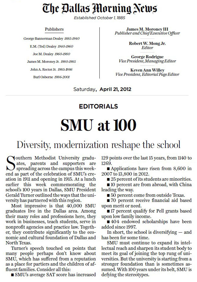 Dallas Morning News Editorial on SMU at 100