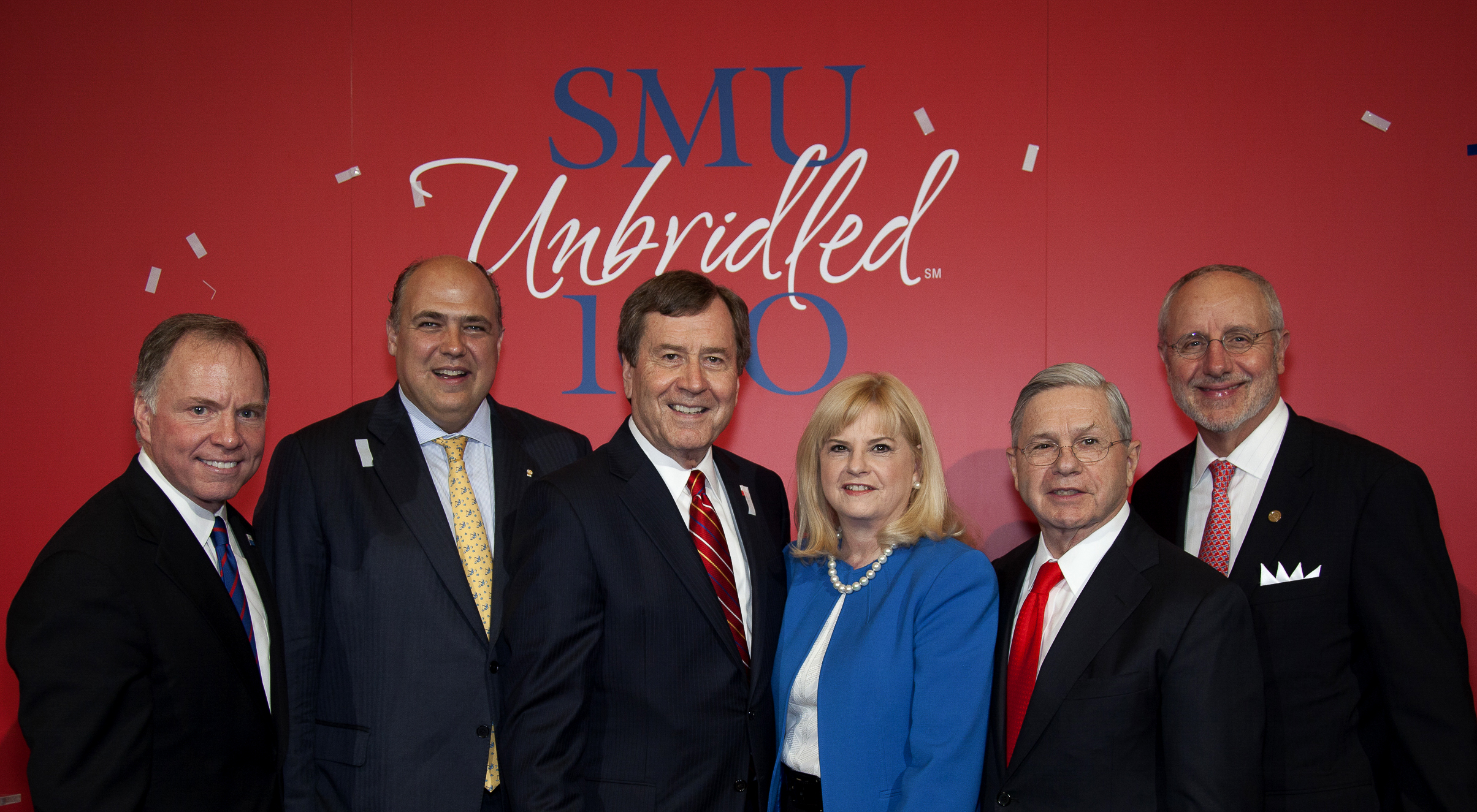 Brad E. Cheves, SMU vice president for Development and External Affairs; Mark A. Roglán, director of the Meadows Museum; SMU President R. Gerald Turner; Linda P. Evans, chairman and CEO of The Meadows Foundation; Michael M. Boone, chair of the SMU Board of Trustees; and Sam Holland, dean of the SMU Meadows School of the Arts.