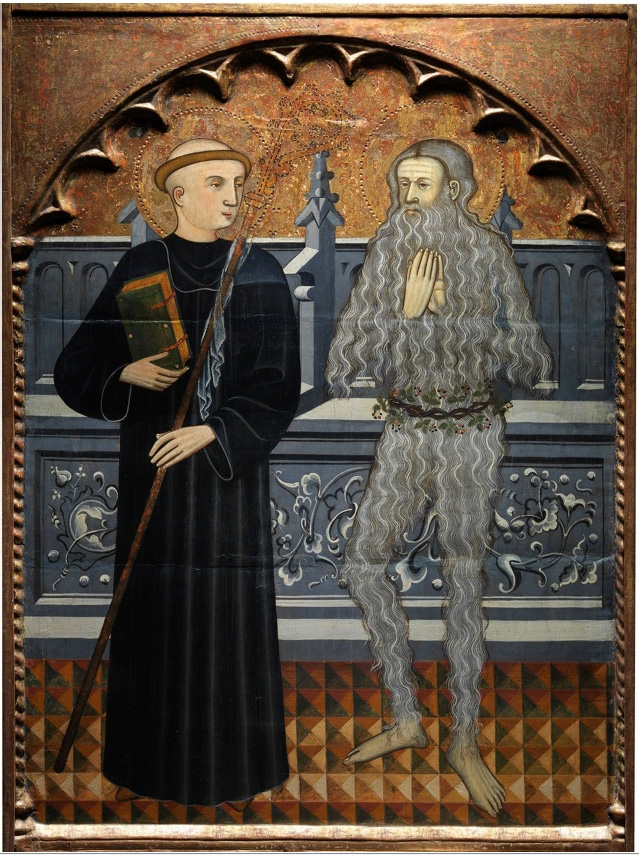 Title: Pere Vall, 'Saints Benedict and Onuphrius' (c. 1410) - Description: Saints Benedict and Onuphrius stand on a floor of patterned geometric tiles before what appears to be a high stone settle, its front decorated with arabesque vines and foliate ornament. On the left, Saint Benedict wears the black habit of his order, with the book of his teachings in his right hand and a crozier in his left. He appears to look towards his companion, his tonsured head shown in three-quarter profile. Onuphrius, on the right, does not return his counterpart’s gaze but instead looks straight out at the viewer, his hands raised in a gesture of prayer. He is shown, as is conventional, in his eremitic state, his body covered with long grey hair and a wreath of vines wrapped for modesty around his loins.