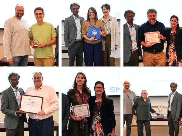 Six separate images of faculty members receiving awards from the dean