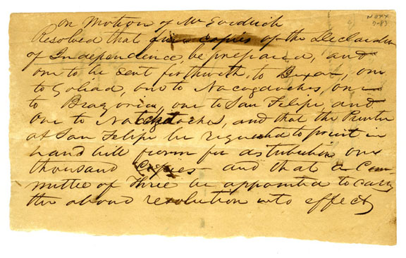 note regarding the printing of the Texas Declaration of Independence