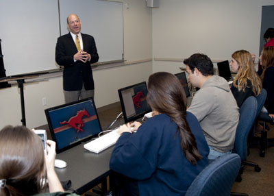 Ari Fleisher speaks to SMU Professor Carolyn Barta’s Journalism class.