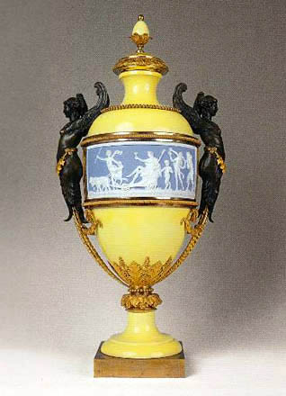 Pair of Urns, porcelain, porcelain bisque; patinated and gilded bronze,