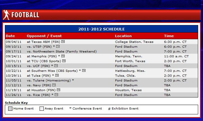 SMU Mustangs Football Schedule 2011 - updated 02 August 2011