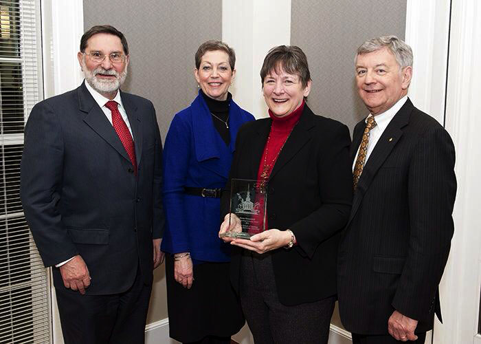 Rev. Karen Greenwaldt, (M.Th.,’77) recently retired General Secretary of the United Methodist General Board of Discipleship, receives the 2014 Perkins School of Theology Distinguished Alumna Award during a banquet held Feb. 3 in Dallas. Pictured with Rev. Greenwaldt are Dr. Paul Ludden, SMU Provost; Rev. Suzanne Reedstrom, Chair, Perkins Alumni/ae Council; and Perkins Dean William B. Lawrence.
