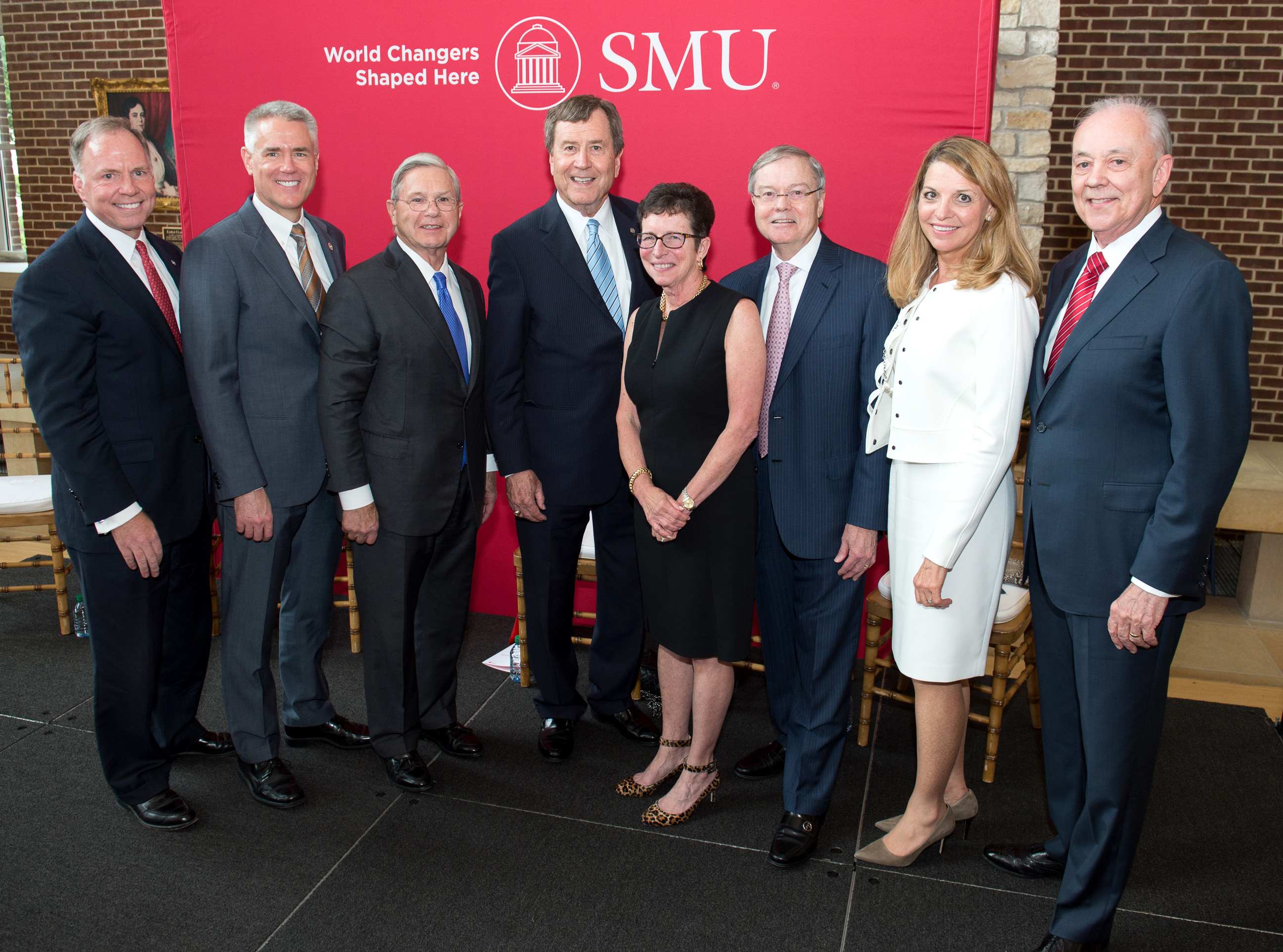 (l. to r.) Brad E. Cheves, Vice President for SMU Development and External Affairs; Steven C. Currall, Provost and Vice President for SMU Academic Affairs; Michael M. Boone, Chair of the SMU Board of Trustees; SMU President R. Gerald Turner; Diane and Harold (Hal) Brierley; Marci Armstrong, Associate Dean of the SMU Cox School of Business; and Albert W. Niemi, Jr., Dean of the SMU Cox School of Business.