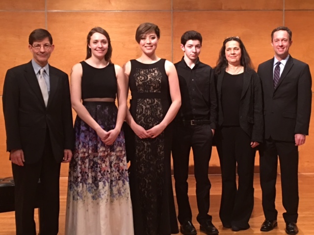 Left to right: Judge Paul Kantor (Rice University), third place winner Ariana Nelson (Juilliard), first place winner Eleanor Dunbar (SMU), second place winner Michael Zyzak (TCU), Judge Jennifer Culp (San Francisco Conservatory of Music), Maestro Clay Couturiaux.