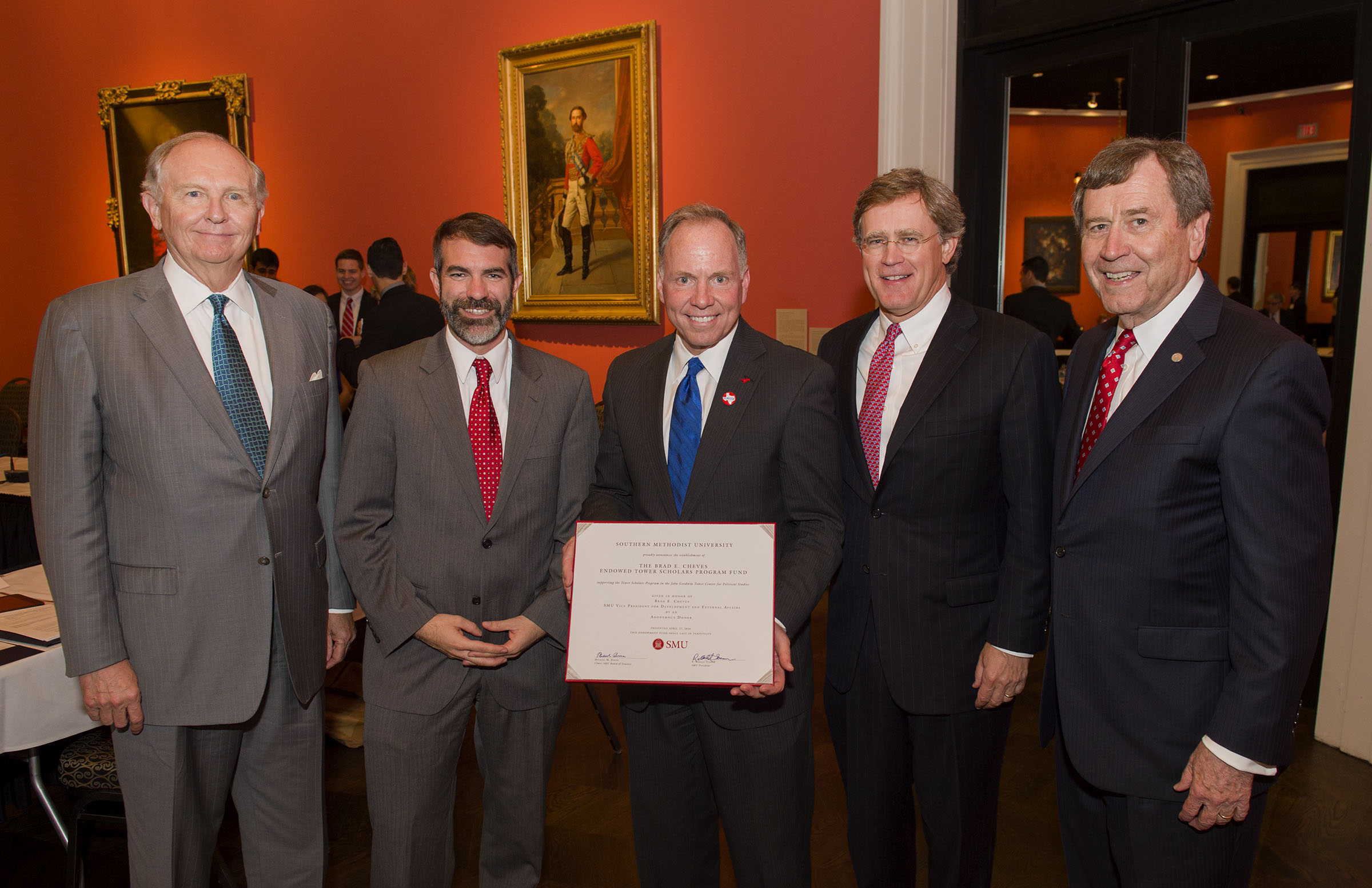 The people in the photo are Tower Center Board Member Ambassador Robert W. Jordan, Tower Center Interim Director Joshua Rovner, SMU Vice President Brad E. Cheves, Tower Center Board Chair Dan Branch and SMU President R. Gerald Turner.