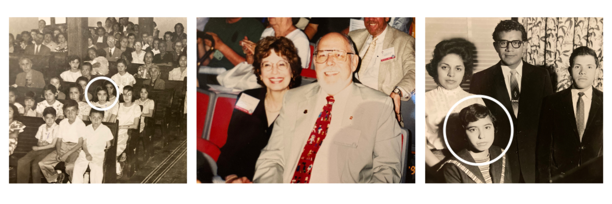 Three images of Raquel More Martinez. First left is young Raquel in chuch, middle is Raquel with here husband, and left is a family photo when Raquel was younger