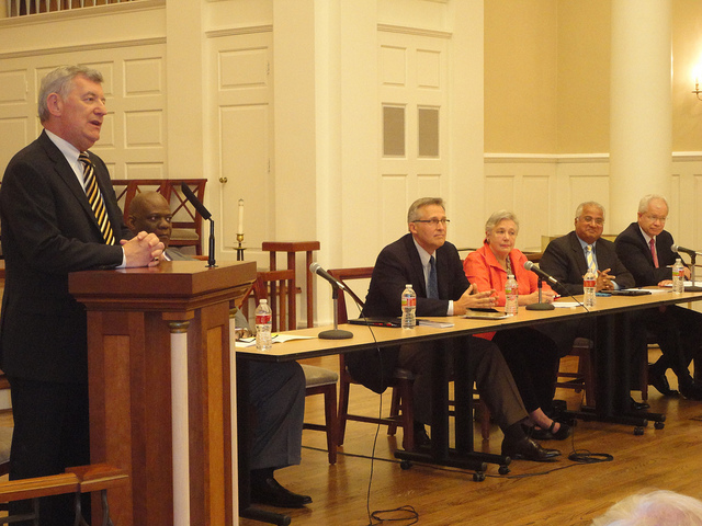 Dean William B. Lawrence, Perkins School of Theology at Southern Methodist University, greets guests and panelists at September 27, 2012, Texas Faith Public Forum in Perkins Chapl